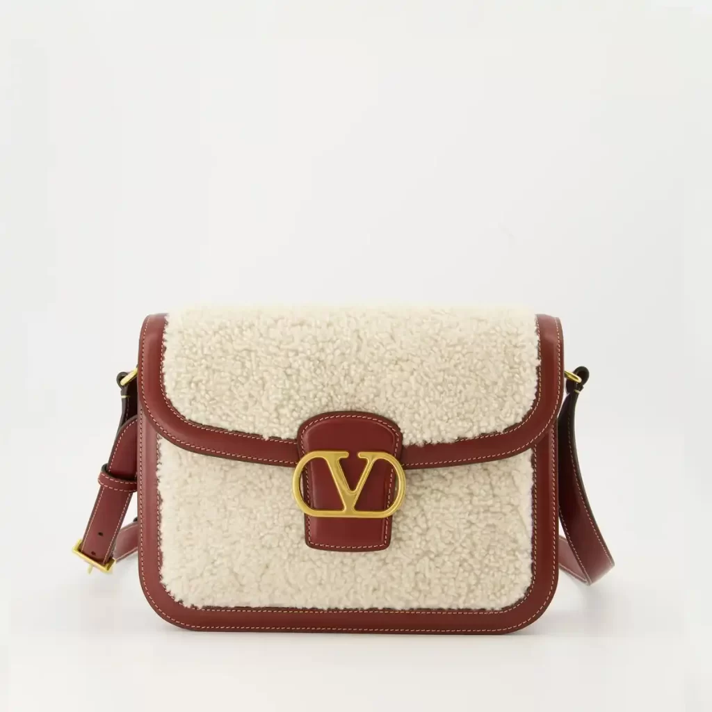 کیف زنانه پشمی دکمه دار سفید و قهوه ای