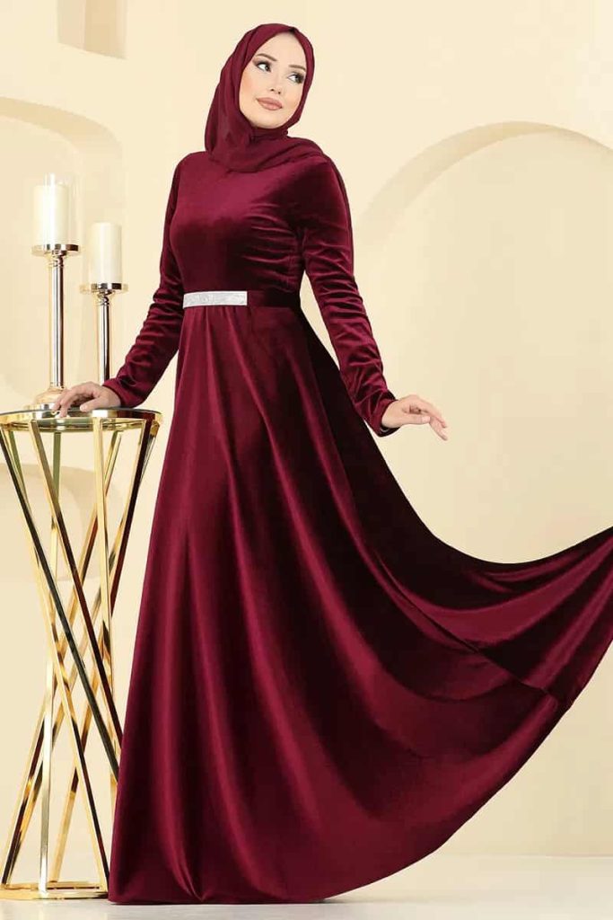 لباس مجلسی مخمل زرشکی پوشیده و اسلامی