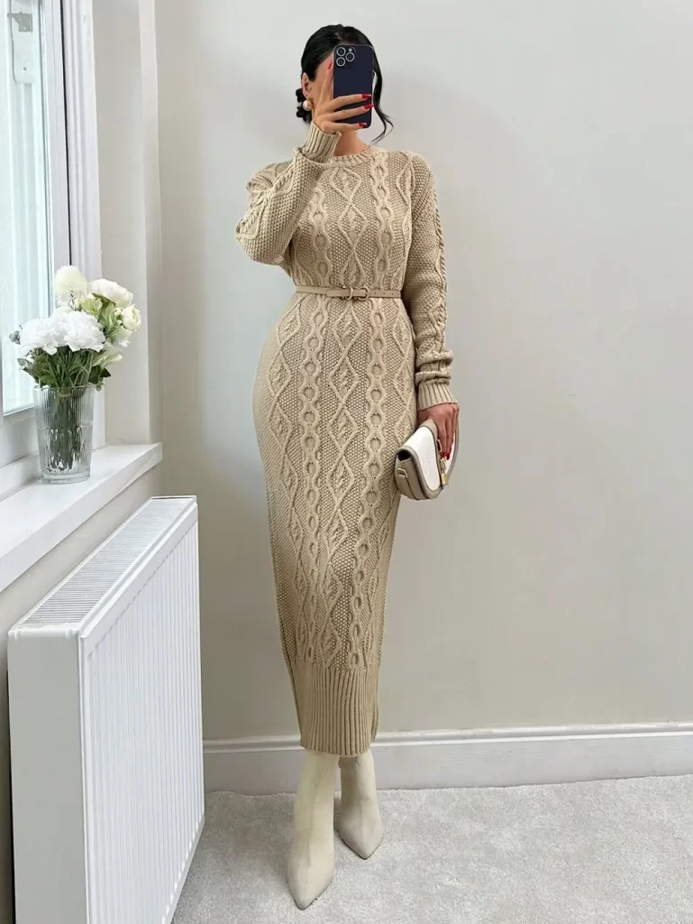 پیراهن بلند بافت زنانه کرم