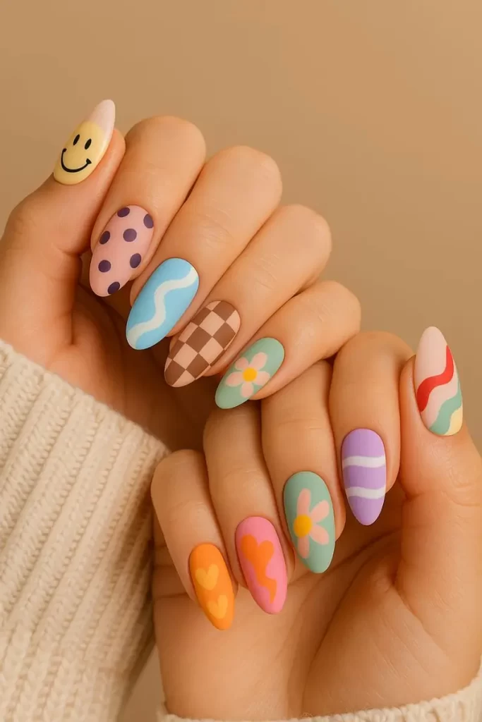 طرح‌های رنگارنگ ناخن با طرح های گل و خط خطی و خال خالی