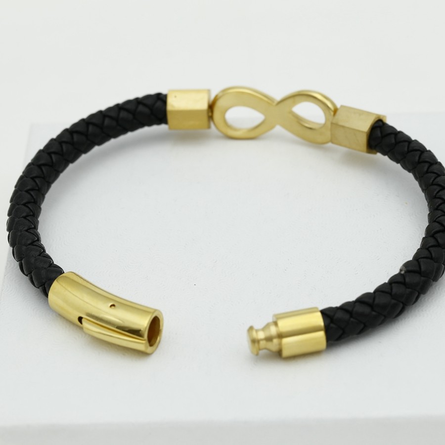 دستبند چرمی سیاه با پلاک طلا