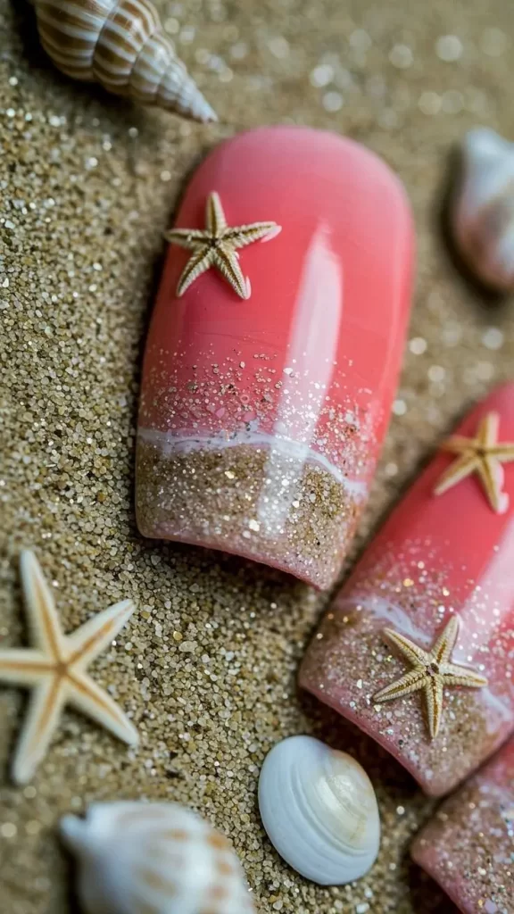 دیزاین ناخن قرمز با طرح ستاره دریایی