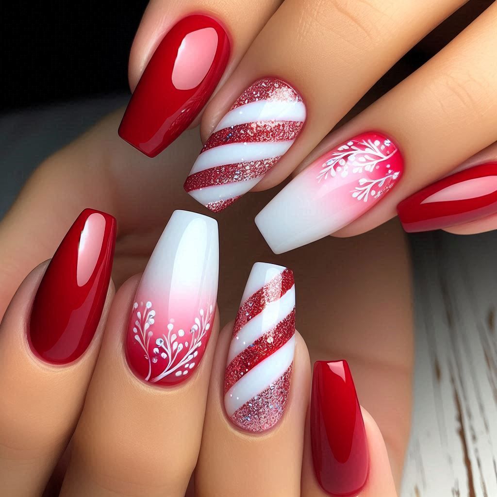 طراحی ناخن کریسمس قرمز و سفید