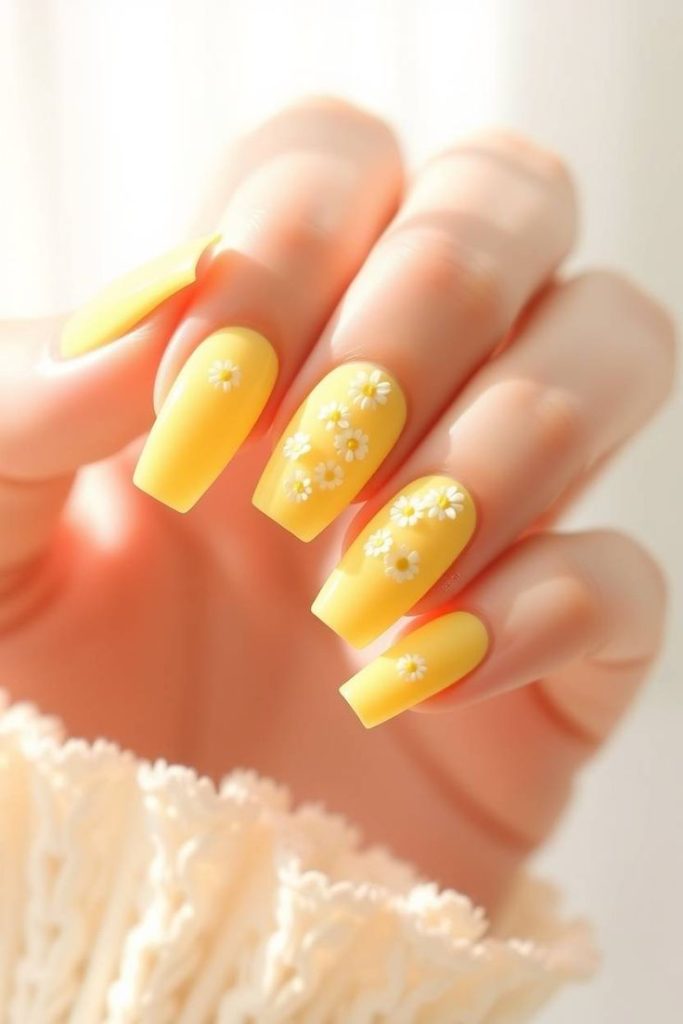 دیزاین ناخن زرد با گل های یاس