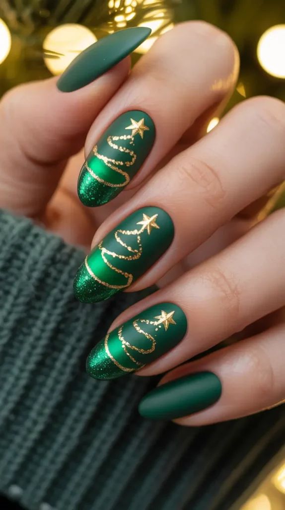 طراحی ناخن سبز با خطوط طلایی