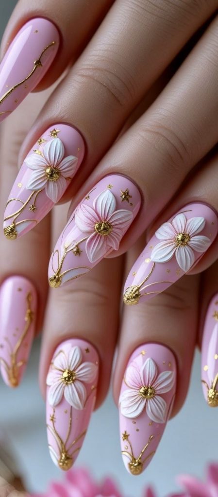 طراحی ناخن مدل گل بهاری صورتی