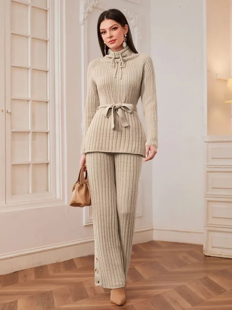 ست دو تیکه بافت زنانه کرم