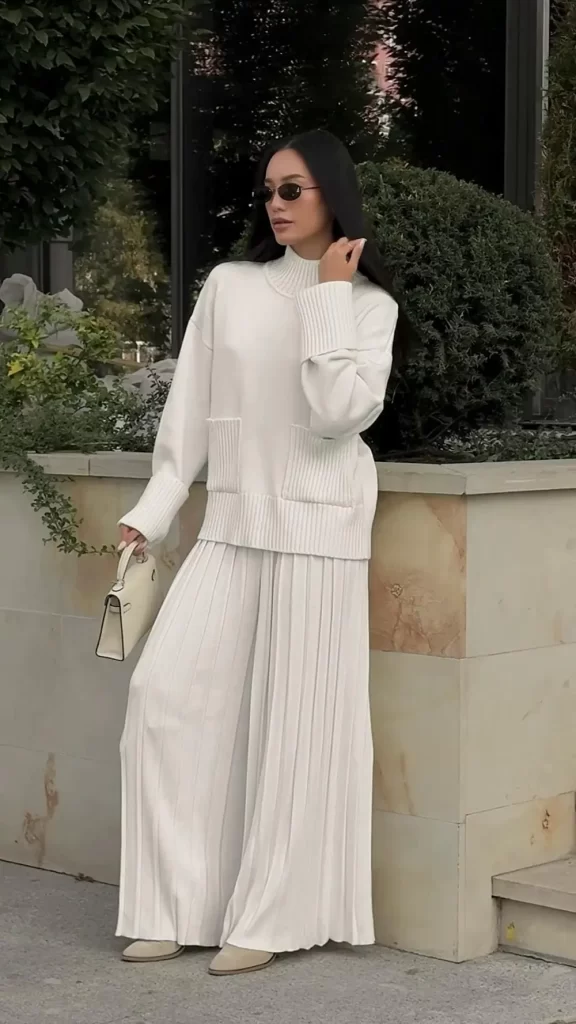 ست دو تیکه بافت زنانه سفید