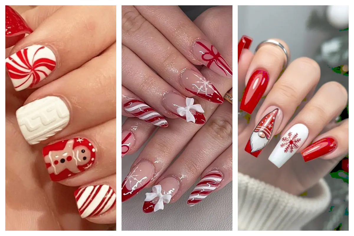 طراحی ناخن کریسمس؛ قرمز براق با بابانوئل کوچولو، کریسمس واقعی رو دستات شروع شد!
